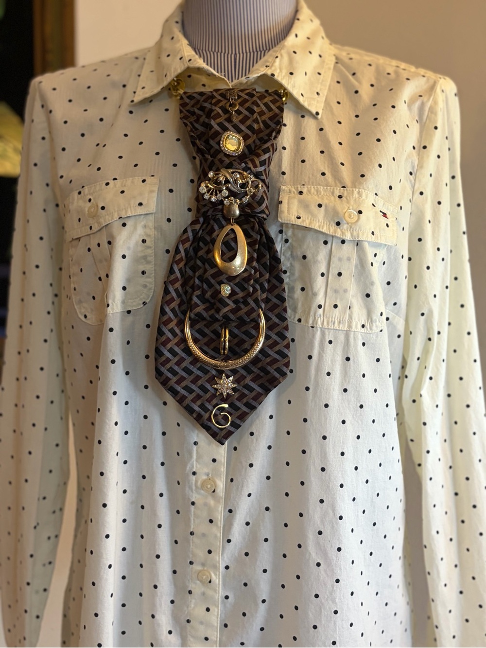 Hand Crafted Black and Gold Statement Necklace Tie Pendant